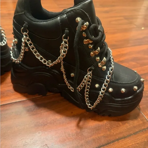 Antony wang Chunky Black Platform Sneakers with Silver Chain & Stud Details - Picture 12 of 15